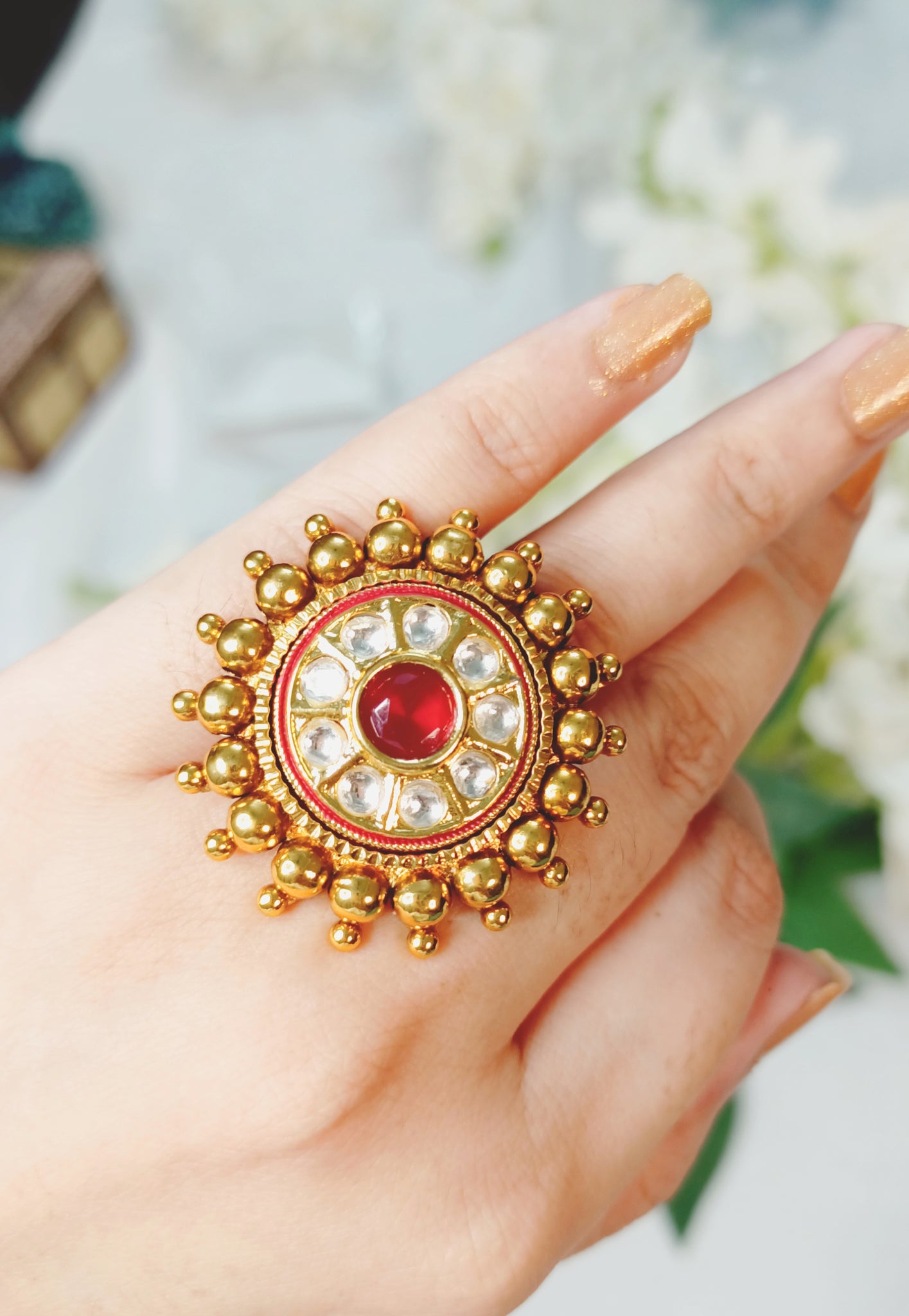 Gold plated polki white kundan ethnic traditional maharani ring – Estele