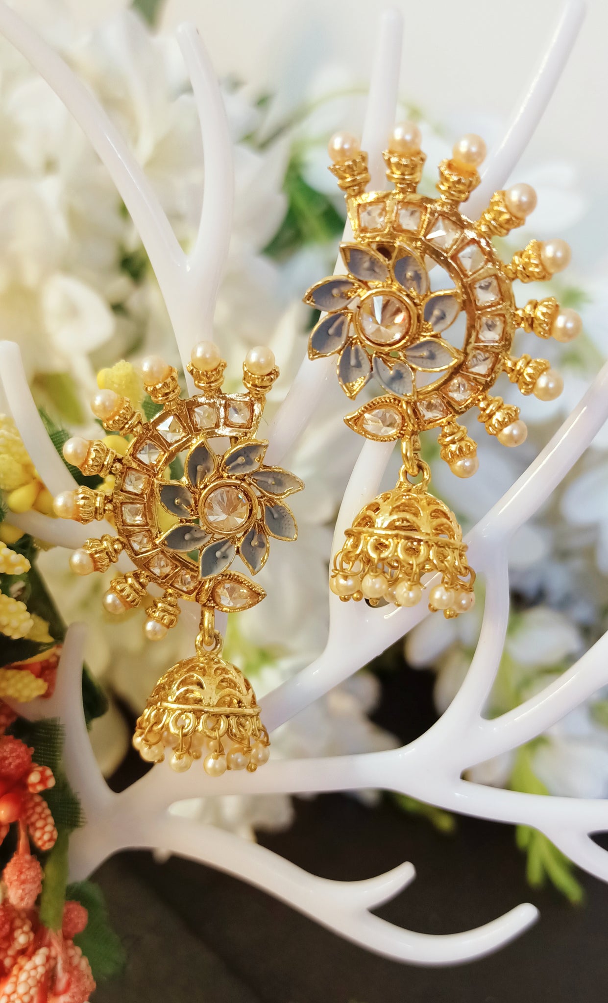 Grey Color Kundan Stone Beads Golden Earrings - naariverse.com