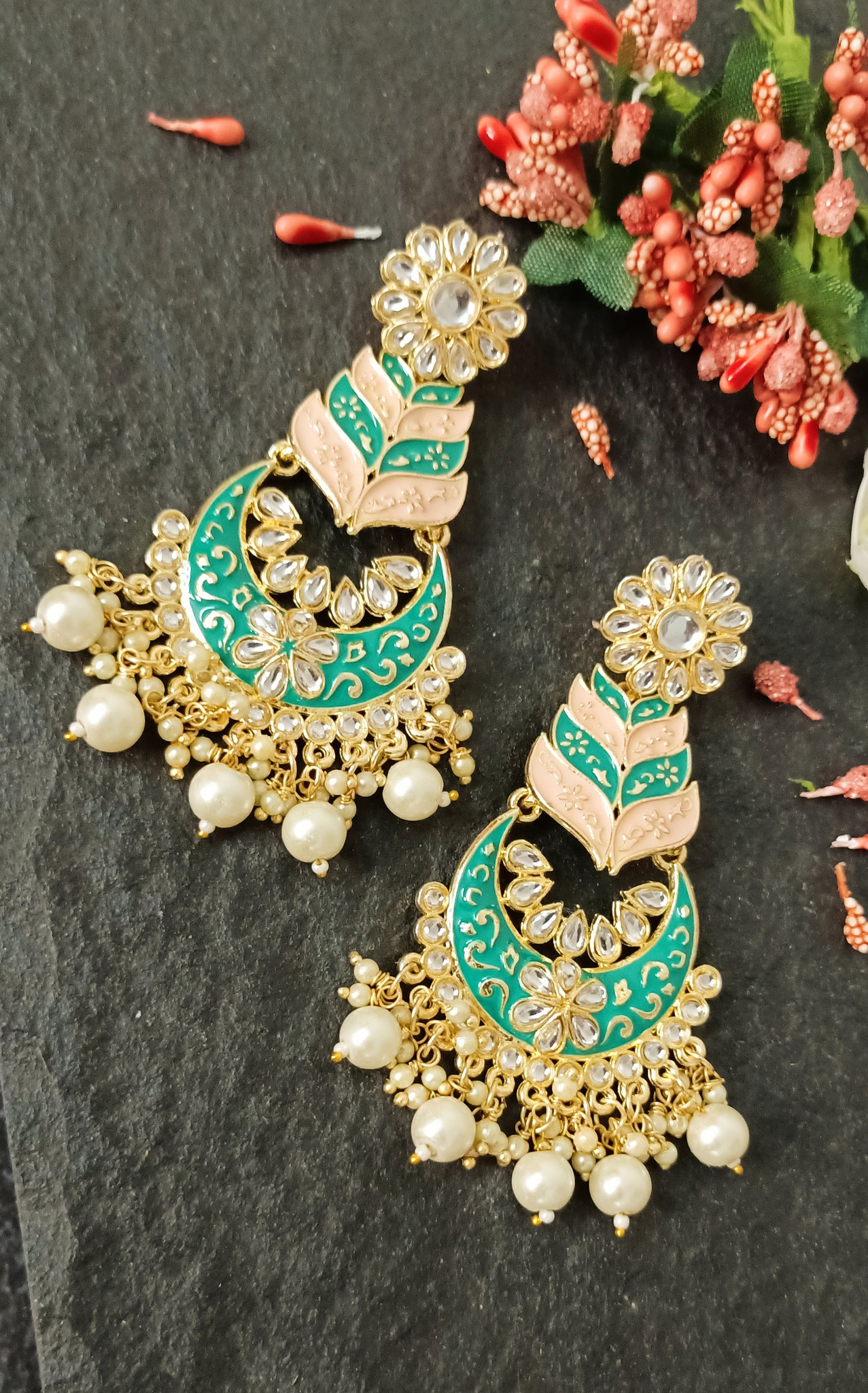 Mirisa Pastel Sea Green and Peach Meenakari Art Earrings – CASA ROZEN